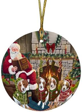 Santa Sled Dogs Brittany Spaniel Christmas Round Flat Ornament - Pet Decorative Hanging Ornaments for Christmas X-mas Tree Decorations - 2.75" Round Flat Ceramic Christmas Ornament POR1571