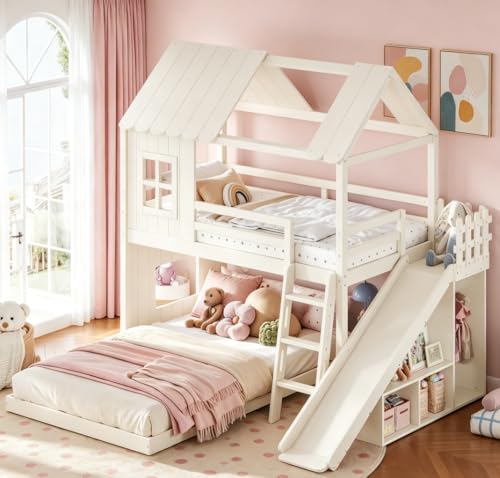 Image of Bellemave Bunk beds Twin Over Full with Slide,Ladders,Bookshelf and Wardrobe House roof Design, Low bunk /loft Bed for Kids,Beige