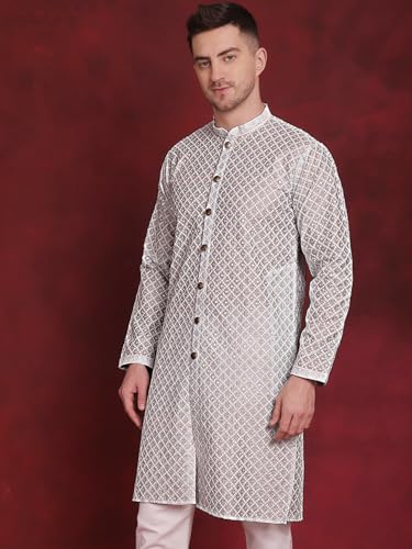 Image of Jompers Men's Silk Blend Regular Fit Sequin Chikankari Front Open Kurtas