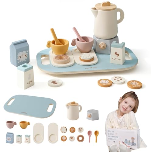 Mamimai Home Tea Party Set for Kids Wooden Tea Sets for Toddler Girl Toys Pretend Play for Little Girls Kitchen Play Food Accessories Sets Wooden Educational Toys Gifts with Silicone
