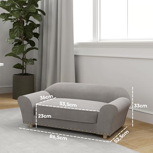PawHut Hundesofa für kleine Hunde, Hundebett mit abnehmbarem und waschbarem Kissen, Haustiersofa mit Nietendekoration, 10 kg, Grau