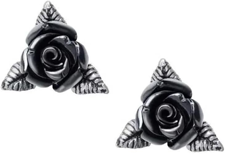 Gothic Black Rose Ear Studs Women Earring Set Black-Silver, Pewter,