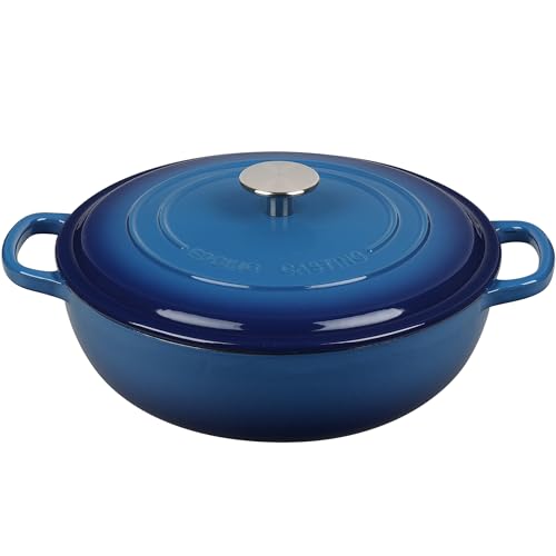 EDGING CASTING Enameled Cast Iron Dutch Oven Shallow Casserole Braiser with Dual Handle, 3.8 QT, Lake Blue