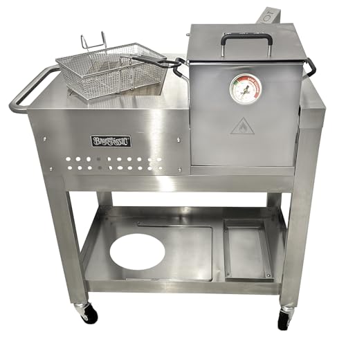 Bayou Classic 700-727 2.5-gal Stainless Bayou Fryer Workstation Includes Mesh Basket Fry Thermometer Drain Valve High Pressure Regulator w/ 48-in Stainless Braided LPG Hose