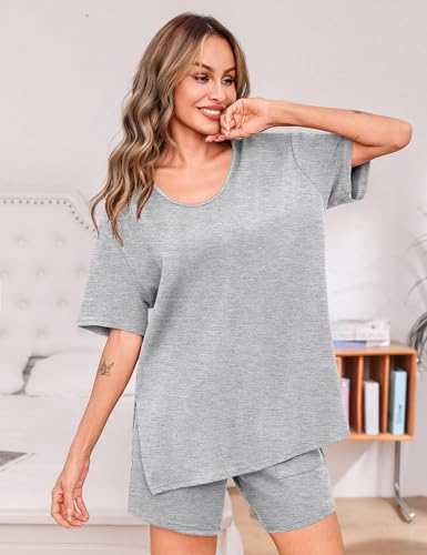 Totatuit Matching Sets for Women Summer 2 Piece Outfits Oversized Tee and Bermuda Shorts Lounge Set Comfy Sleepwear for Travel and Daily Wear Grey X-Large — view 4