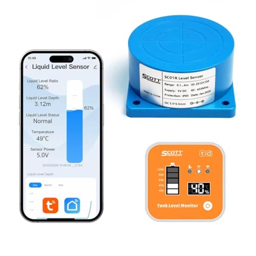 SCOTTSENSORS SC01R Smart WiFi Blue Water Level Sensor Water Tank Level Monitor Oil Tank Gauge Sensor Automatic Alarm Indicator for Tuya Smart Life Mobile APP Smart Home Remote IP66 Waterproof