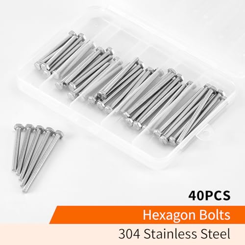 Image of M4 x 40mm 45mm 50mm 55mm 60mm Heavy Duty Hexagon Bolts Hex Head Screws, 304 Stainless Steel, Metric Machine Fully Threaded, Bright Finish, Assortment Kit 40PCS