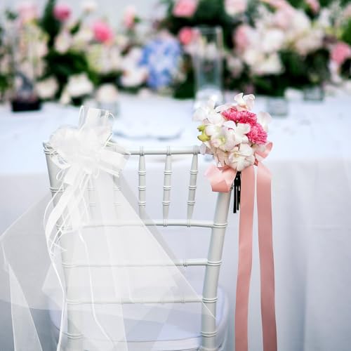 Moños de gasa blancos POPETPOP, pack de 12 lazos clásicos para pasillos de bodas y banquetes 7