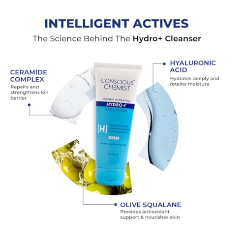 Image of Conscious Chemist Gentle Face Wash for Dry Skin | 100ml | Hydrating Cleanser for Face with Hyaluronic Acid, Ceramides and Ginseng Extract, Treats Dull and Dehydrated Skin for Women & Men - Hydro+