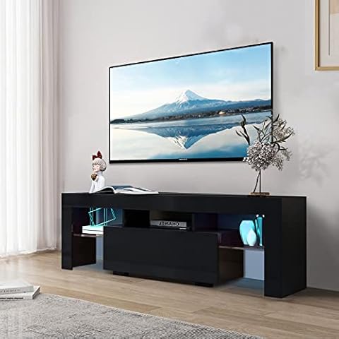 Noskatu Black LED TV Stand Modern Entertainment Center for 65 Inch TV Wood TV Cabinet with Led Lights Television Stands with Storage Drawers for Living Room Bedroom Office Cover