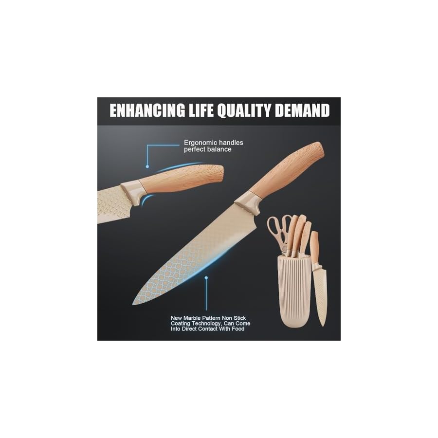Kitchen-Knife-Set-6-Pcs-Sharp-Knife-Set-for-Kitchen-Anti-Rust-Stainless-Sharp-Knife-Set-with-Universal-Knife-Block-Knife-Set-Contains-Round-Knife-Storage-Knives-Scissors-for-Kitchen-Khaki Gulymm Kitchen Knife Set, 6 Pcs Sharp Knife Set for Kitchen, Anti-Rust Stainless Sharp Knife Set with Universal Knife Block, Knife Set Contains Round Knife Storage, Knives, Scissors for Kitchen (Khaki