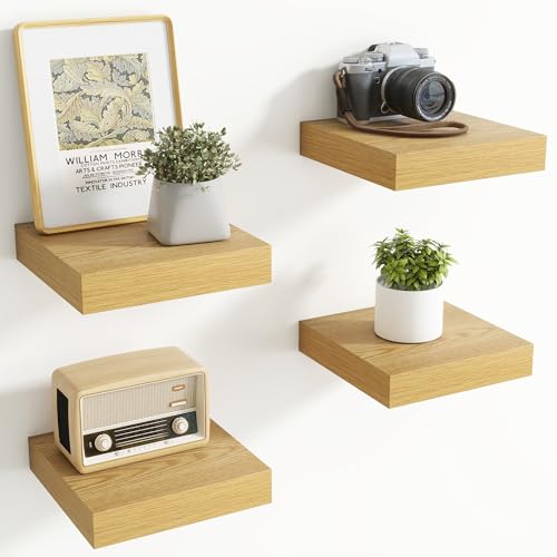 Image of Axeman Square Floating Shelves for Wall, 8 inch W x 8 inch D x 1.4 inch H Rustic Wooden Wall Shelves, 4 Pack Wall Mounted Floating Shelf with Invisible Brackets for Living Room, Bathroom, Kitchen, Oak Color