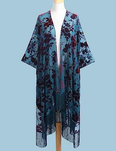 WeHello Women's Burnout Velvet Kimono Long Cardigan Cover Up with Tassel Teal/Red3
