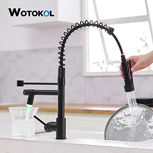 Matte Black Kitchen Faucets With Pull Down Sprayer Stainless Steel, Wotokol Led Kitchen Faucet Single Handle Single Hole Spring Kitchen Sink Faucet With Two Sprayer #TOP2