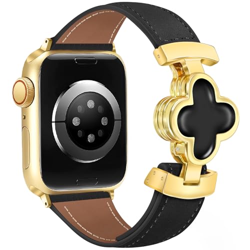 Image of MOINSPIRE Magnetic Leather Bands Women for Apple Watch Lucky Four-Leaf Clover Cute Dressy Slim Designer Watch Bands Compatible with iwatch Series 11/10/9/8/7/6/5/4/3/2/1 SE 1/2/3 Ultra 1/2/3
