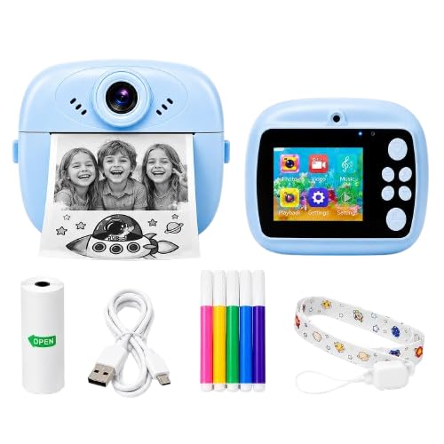 kids instant print camera with thermal printer, digital photo & video camera with music, games, playback, 5 sketch pens, thermal paper roll, usb charging cable & lanyard – blue