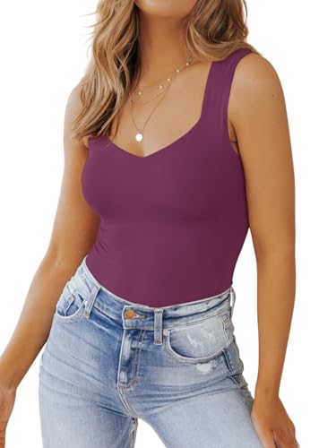 PINKMSTYLE Basic V Neck Tank Tops for Women Slimming Workout Summer Tops Double Lined Sleeveless Shirts Wine Small