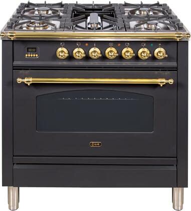 Ilve Upn90Fdmpm Nostalgie Series 36" Freestanding Dual Fuel Range With Natural Gas 5 Sealed Brass Burners, 3.55 Cu. Ft Total Oven Capacity Gas Conversion Kit Included In Matte Graphite With Brass Trim #TOP1
