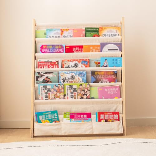 Chubancraft Wooden Bookshelf For Kids Wood Bookrack Canvas Book Storage Shelf Display Bookshelf 6 Tier Kids Book Rack For Bedroom Living Room Playroom Storage Organizer Natural thumb #2