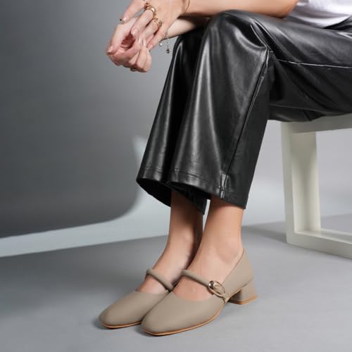 Image of DROP BOLD Khaki Square Toe Mary Jane Block Heel Show For Women & Girls