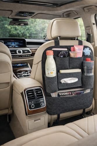 CALVYNORA 1 Pack Dark Grey 7 Pockets Car Back Seat Organizer Cover for Kids & Travel, Multi Pocket Car Seat Storage Protector for Toys Bottles Books Snacks, Universal Fit Car Accessories