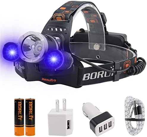 BORUIT Rechargeable Black Light Headlamp - Ultra Bright 5000 Lumens 3 Lighting Modes UV Head Lamp IPX4 Waterproof USB Headlight for Adults Outdoor Fishing Camping Hunting