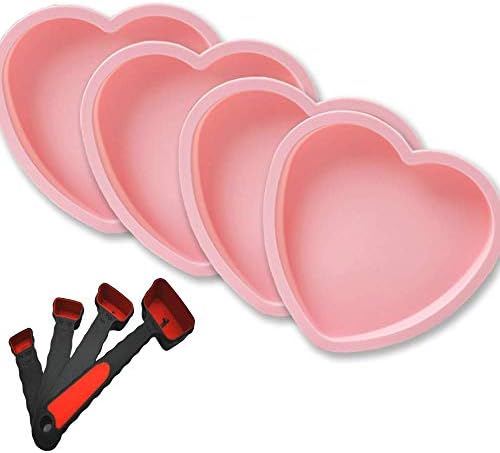 POKALI 6 Inch Silicone Heart Shaped Rainbow Cake Baking Pans, Heart Cake Layer Pan Set, Non-Stick Silicone Cake Bakeware Mold,4tray Baking Flexible Molds+1Measuring Cups set set of 4(pink)