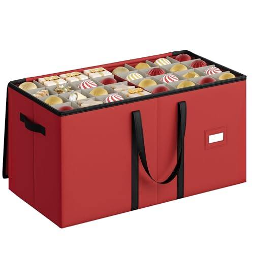 Songmics Caja Almacenaje De Adornos Navideños, 7,6 Cm 128 Ranuras, Caja Apilable Para Adornos Navideños Con Tapa, Cremallera Doble, Separadores Ajustables, Tela No Tejida, Rojo Cereza Rfb039r01