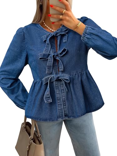 Tankaneo Womens Denim Tie Front Tops Babydoll Peplum Cute Blouse Puff Long Sleeve Going Out Jean Shirts