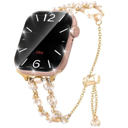 Vlokomz Bling Band Compatible with Apple Watch 38mm 40mm 41mm 42mm, Rhinestone Metal Jewelry Watch Strap for Ultra Series SE 11 10 9 8 7 6 5 4 3 2 1 Dressy Bracelet for Women (38/40/41/42MM Gold)