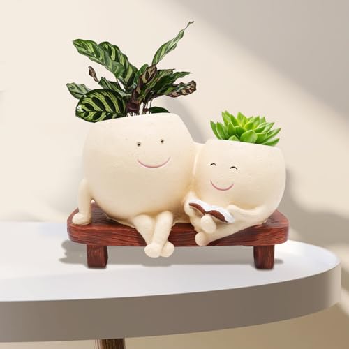 LAUGOKOBE Smily Face Planter Pot for Plants Cute Double Head Planters for Indoor Outdoor Plants Modern Lady Head Vase Girl Face Planter Unique Succulent Pots with Drainage Hole (Khaki)