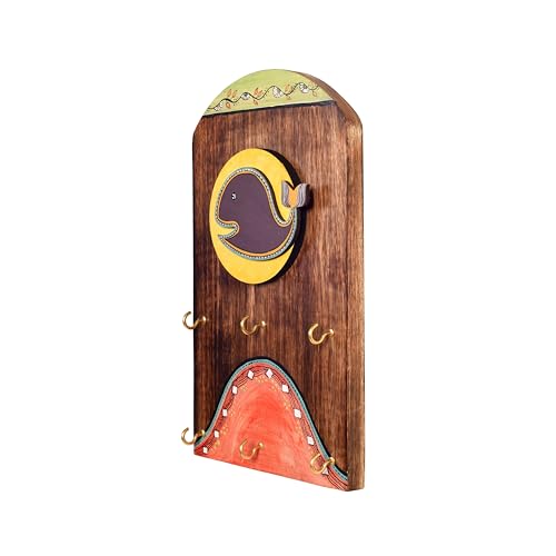 Image of AAKRITI ART CREATIONS Key Holder, Ona Key Hanger with Fish Motif and Beautiful Artwork | Rustic Wooden Wall Organizer with 6 Hooks | Storage Shelf for Keys, Hats | Multifunctional Entryway Decor Item