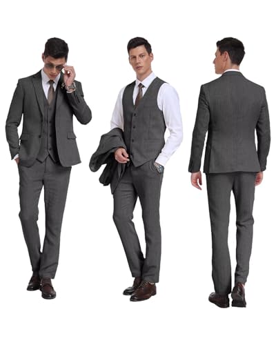 Image of Retro 3 Piece Suit Tweed Herringbone Men's Suits Slim Fit Groom Tuxedos Set Prom Brown Grey Jacket Blazer Vest Pants