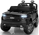 ENYOPRO 24V Ride on Toys, Licensed Chevrolet Silverado LT Trail Boss 2 Seater Ride on Car for Kids, Toddler Electric Car w/Remote Control, Safety Belt, Truck Bed Storage, LED Lights, Bluetooth, Black