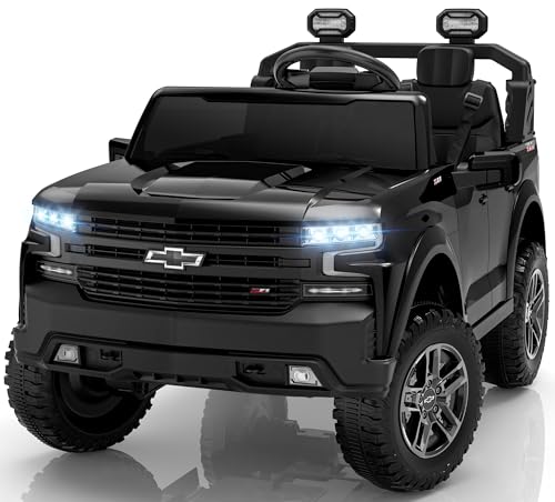 ENYOPRO 24V Ride on Toys for Big Kids, Licensed Chevy Silverado 1500 2 Seater Ride on Truck for Kids, Toddler Electric Car w/Remote Control, Safety Belt, Soft Start, LED Lights, Horn, Music (Black)
