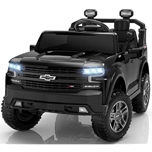 ENYOPRO 24V Ride on Toys, Licensed Chevrolet Silverado LT Trail Boss 2 Seater Ride on Car for Kids, Toddler Electric Car w/Remote Control, Safety Belt, Truck Bed Storage, LED Lights, Bluetooth, Black