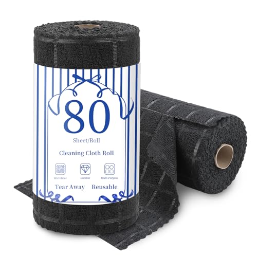 Image of Ferdilan 80 Pack Microfiber Cleaning Cloth Roll,Lint Free Rags Paper Towels & Tear Away Reusable Towels,Washable Shop Rags,Wash Cloths Dish Rags(12 inch x 12 inch) for Car Kitchen Window Garage-Black