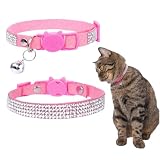 Rhinestone Cat Collar Breakaway with Bell Safety Buckle, Adjustable Diamond Girl Boy Kitty Cute Comfy Collar for Kitten Tiny Little Pets Rabbits, 6'-9' Pink Extra Small