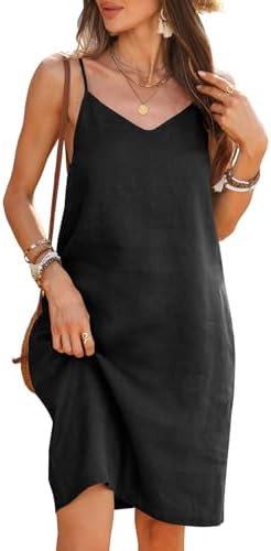 Women's 100% Linen Dress Spaghetti Strap Adjustable Strap V Neck ...
