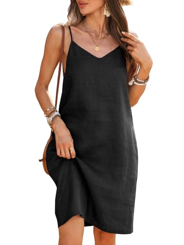 vinglam Women's 100% Linen Dress Spaghetti Strap Adjustable Strap V