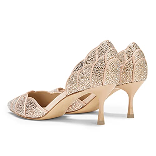 Image of XYD Women's Pumps, Elegant Pointed Toe, D'Orsay Kitten Low Heels, Rhinestone Studs, Slip-On Satin Shoes for Wedding