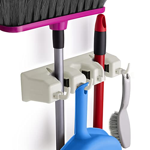 Zulay Home Mop and Broom Organizer Wall Mount - Easy to Install Mop and Broom Holder Wall Mount for Storing Cleaning Supplies - Organizer Utility Racks Mop Holder and Broom Hanger (3 Slots, White)