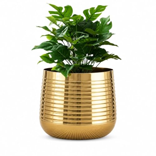 Image of Gold Metal Planter Pot for Indoor Plants, Decorative Ribbed Flower Pot for Living Room, Balcony & Home Decor