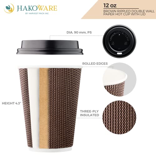 Harvest Pack Gourmet Showcase [100 Count Hakoware 12 Oz Disposable Coffee Cups, Insulated Ripple Double-Walled Paper Cup With Lid, Brown Geometric, Tea Hot Chocolate Drinks To Go #TOP1