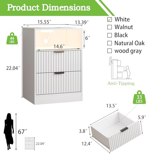Image of White Night Stand Set 2, LED Nightstand with Charging Station, Fluted Nightstands Set of 2 with 2 Drawers, Wood Side Table End & Bedside Tables for Bedroom Sofa Office