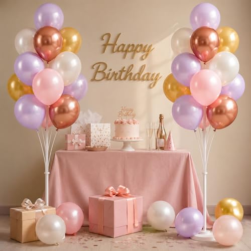 Image of Balloon Column Kit Set of 2,Anti-Tip Sand-Fill Base Balloon Tower Stand with 10 inch 26pc pink purple Balloons,Height Adjustable for Easter Birthday Wedding Bridal Party Decorations Graduation