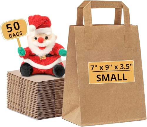 Paper Bags with Handles, 50 Small Brown Paper Bags (W7" x H9" x D3.5"), Small SOS Kraft Bags, Perfect for Lunch Party, Gift