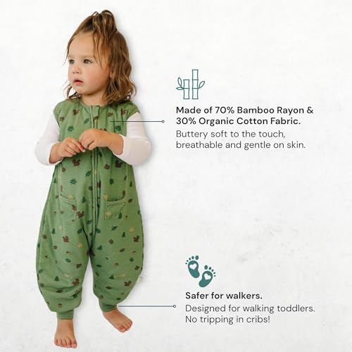 Image of Tealbee Dreamsuit Toddler Sleep Sack with Feet - Walker Sleep Bag with Legs, Rayon made from Bamboo, All Season 1.2 TOG, 2-Way Zipper, 2T-3T - Forest