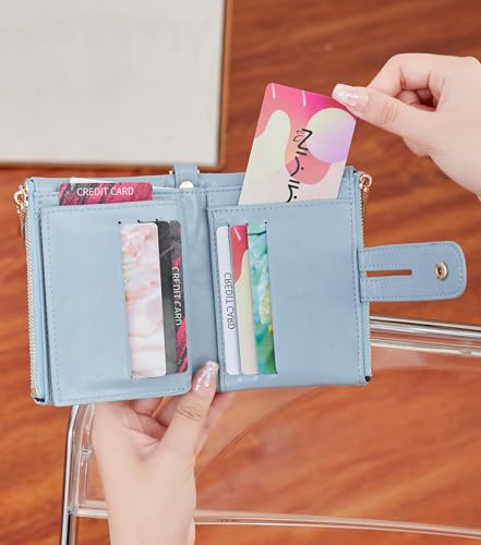 Image of AOXONEL Wallets for Women Small Rfid Bifold Leather Ladies Wallet,Travel Billfolds Medium Size Card Holder with Removable Wristlet Chain,Multi-Card Slots,ID Window,Double Zipper Coin Pocket (Blue)