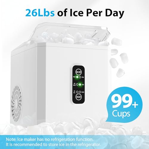 Aeitto Ice Makers Countertop, 26Lbs/24H, 9 Ice Cubes Release in 6 Mins, 2 Sizes of Bullet Ice Machine,Self-Cleaning Portable Ice Maker with Ice Scoop and Basket for Home Kitchen Office Bar RV, White